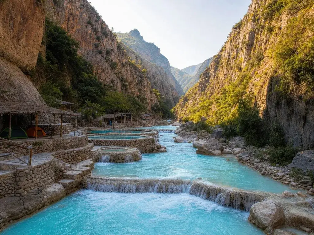 The thermal river, milky turquoise, on the canyon floor